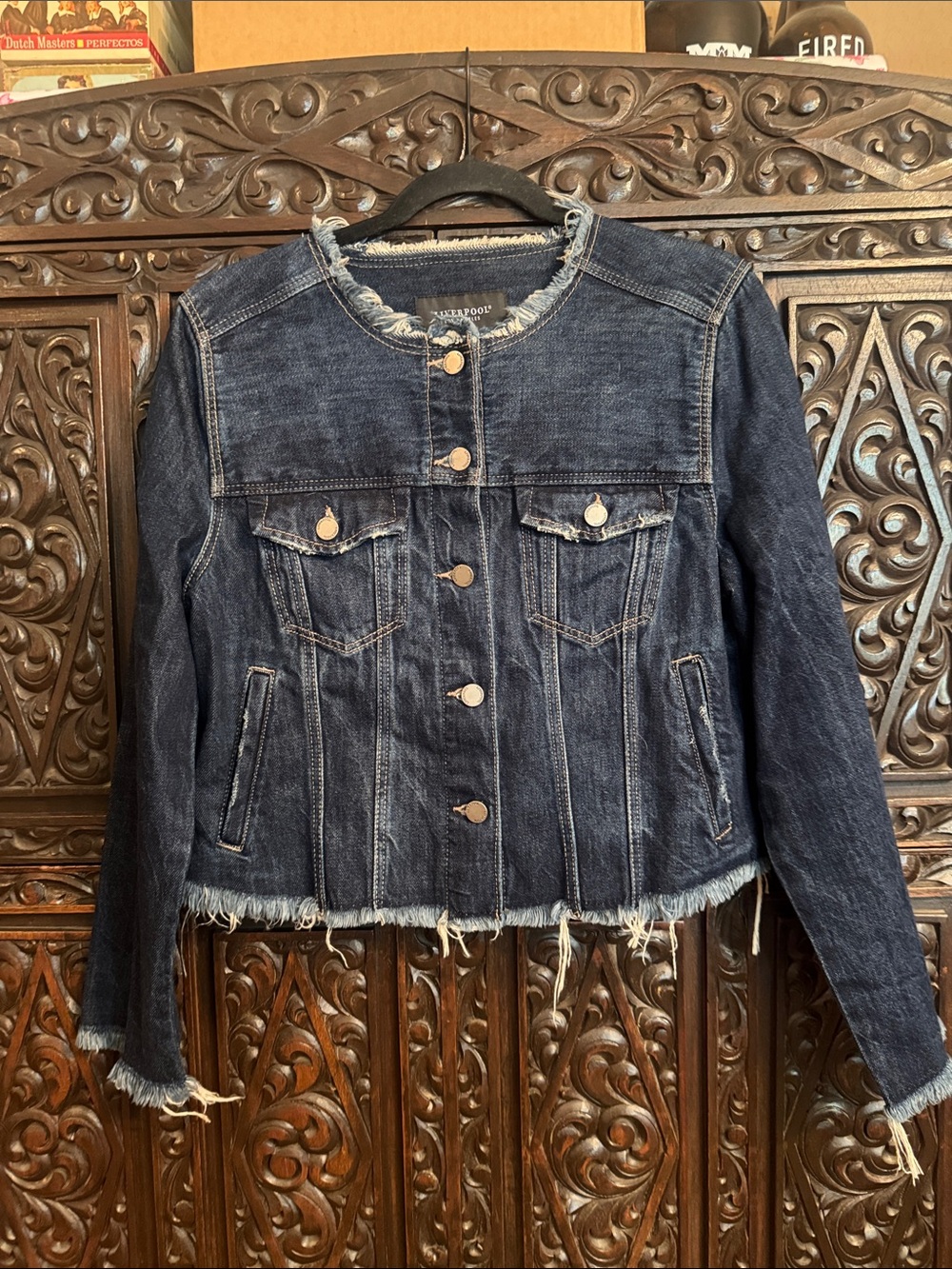 Liverpool Dark Indigo Frayed Hem Denim Jacket